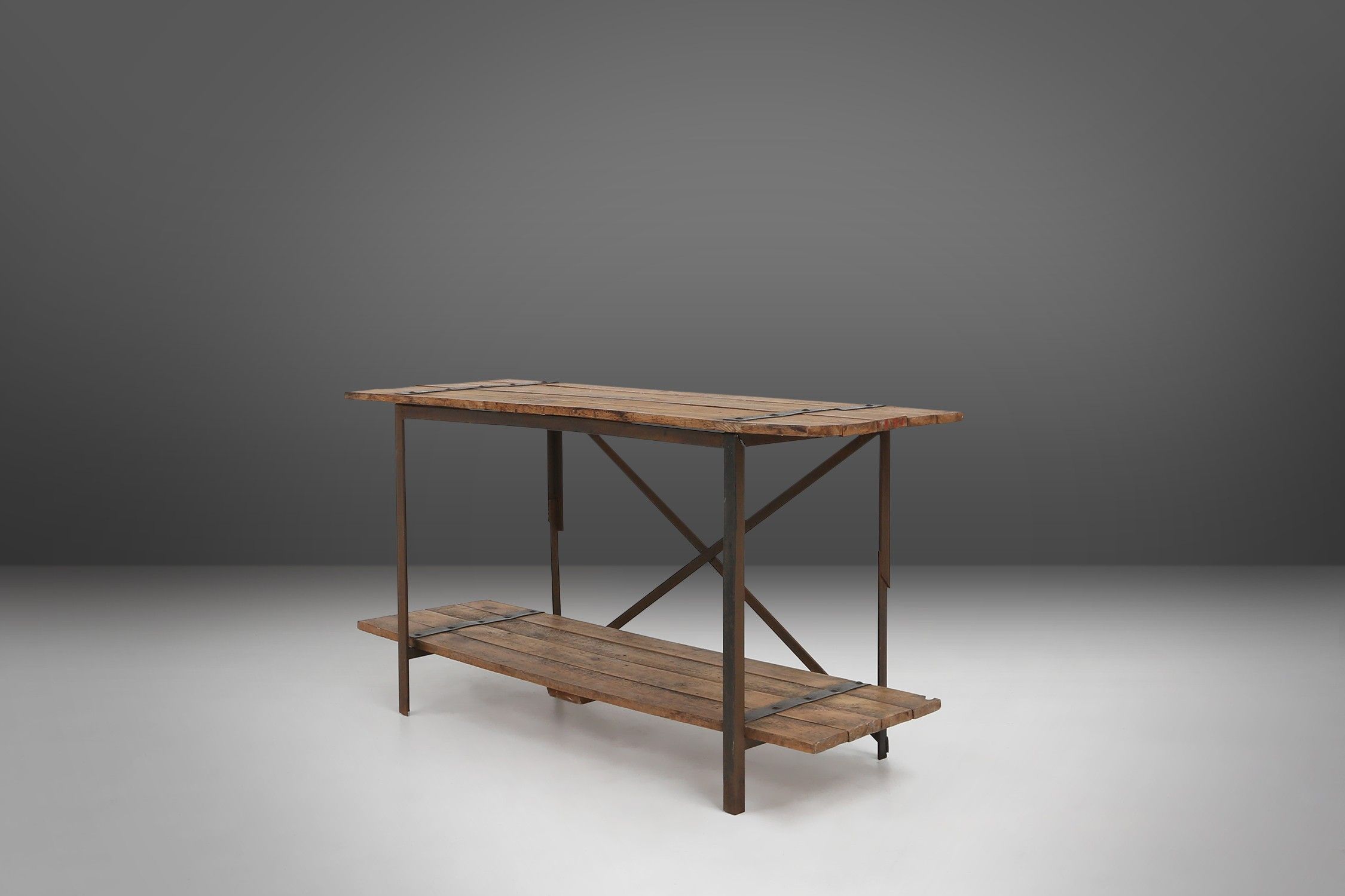  Industrial side tables with metal frame and wooden top and removable platform, Belgium, 1920thumbnail